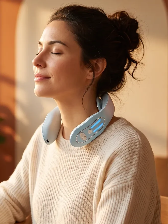 A woman relaxing with Verta worn around the back of her neck