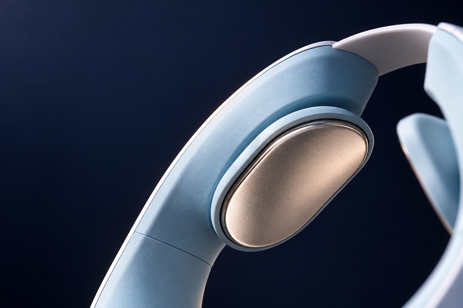 Close detail of Verta's silver contact pad, textured blue shell and white bridge